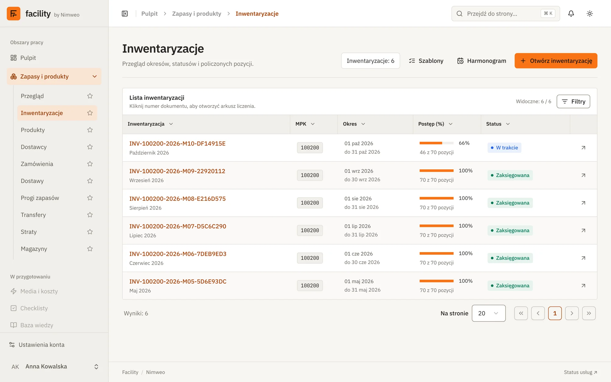 Facility: lista inwentaryzacji