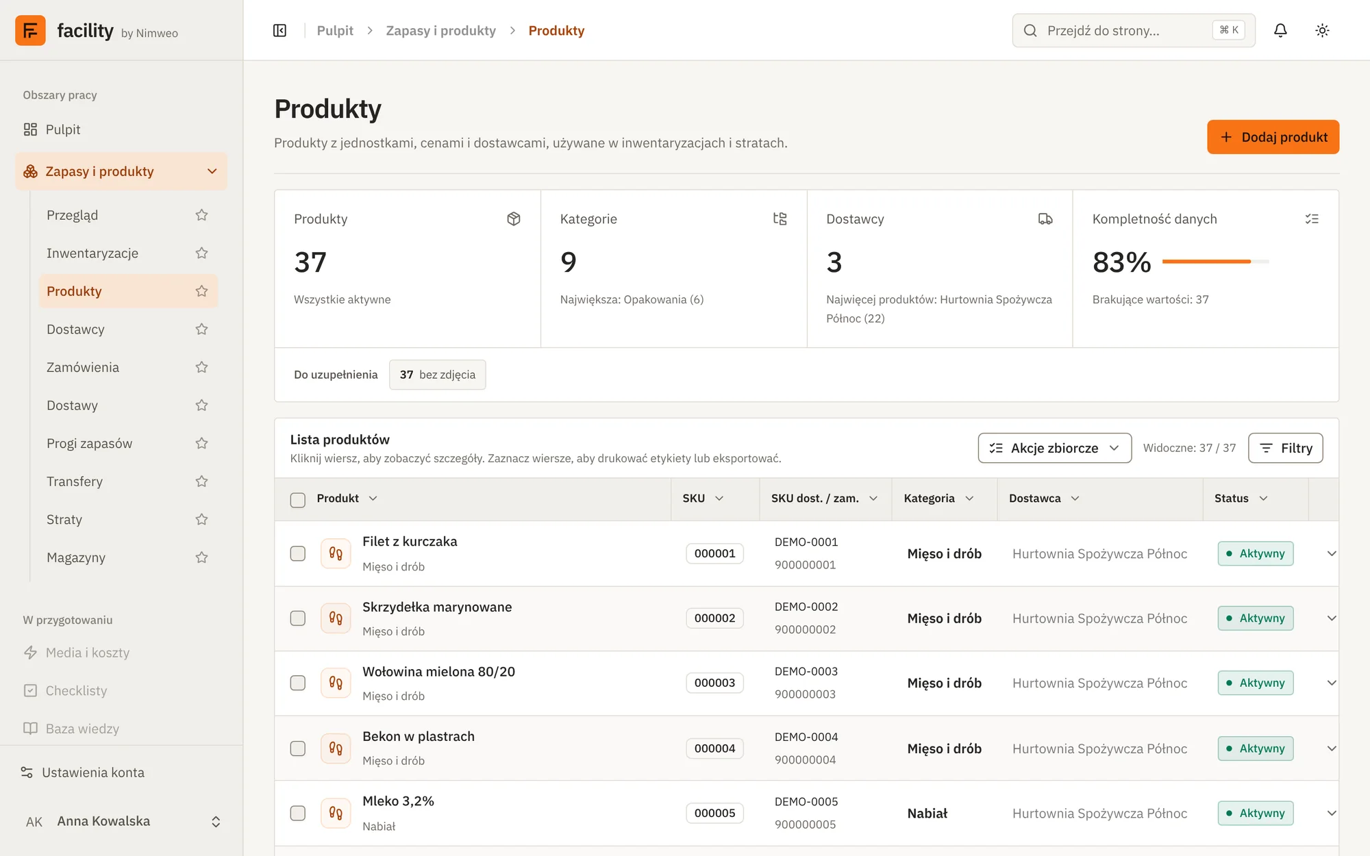 Facility: katalog produktów